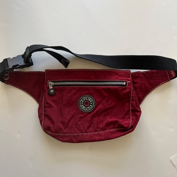 Kipling Deep Red Waist Belt Sporty Fanny Pack Crinkled Nylon Bag Vtg - Picture 8 of 13